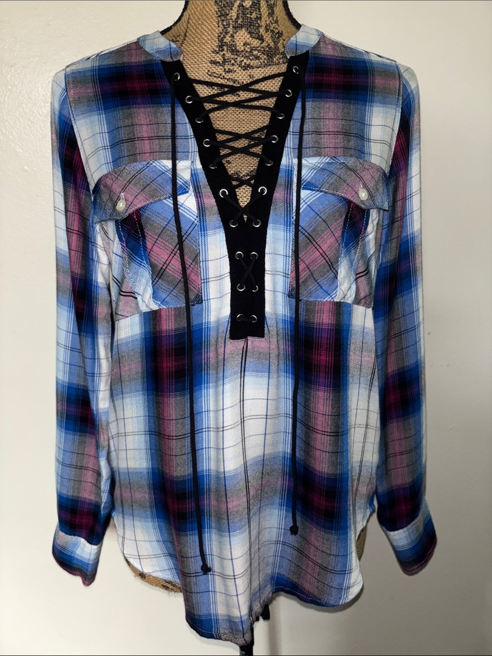 Express Sz XS Plaid Lace-Up Popover Top - Blue & Pink